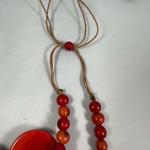 Handcrafted Tagua Nut Statement Necklace With Adjustable Cord Red & Orange Tones - Picture 5 of 5
